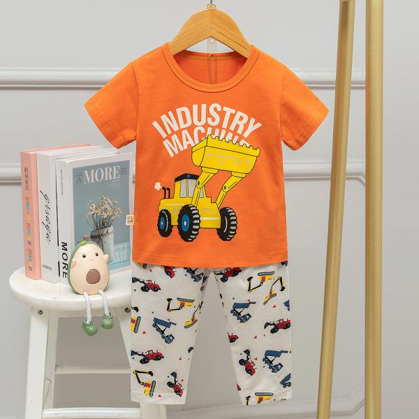 Korean Kids Sleeping Suits Cartoon Excavator Shirt And Shorts Pajama Set