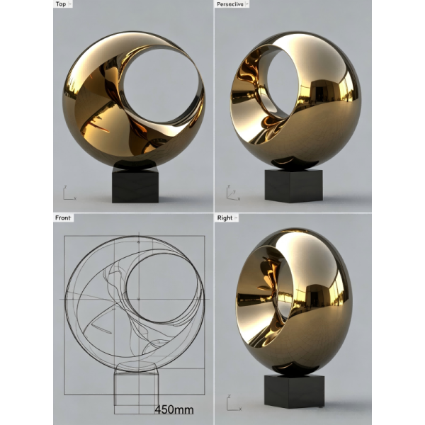 Titanium Gold Polished Stainless Steel Abstract Ring Sculpture with Black Granite Base | Modern Large Outdoor & Indoor Luxury Metal Art Statue