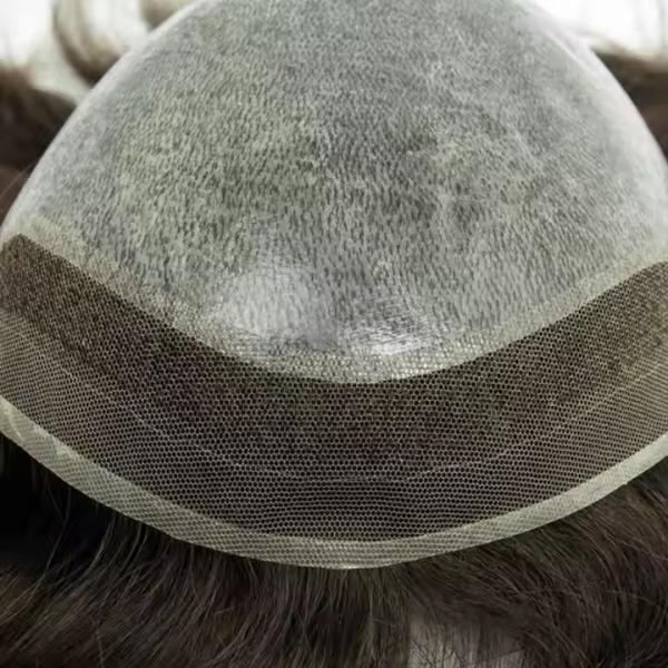 Mens Toupee French Lace Front Hairpieces Poly Skin PU HumanHair Systems for Men
