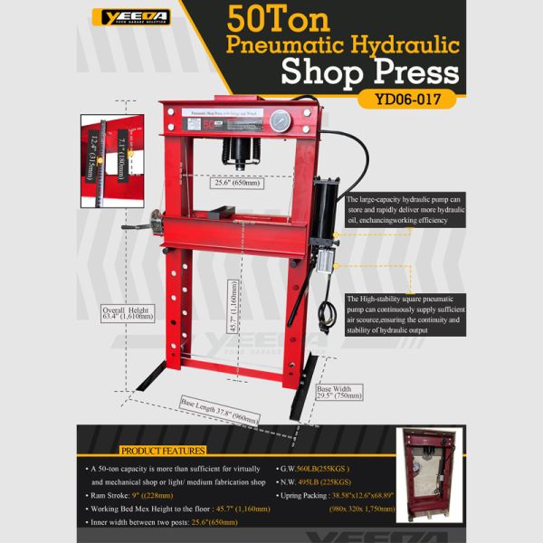 50T Pneumatic Hydraulic Shop Press, 50T Capacity, 9