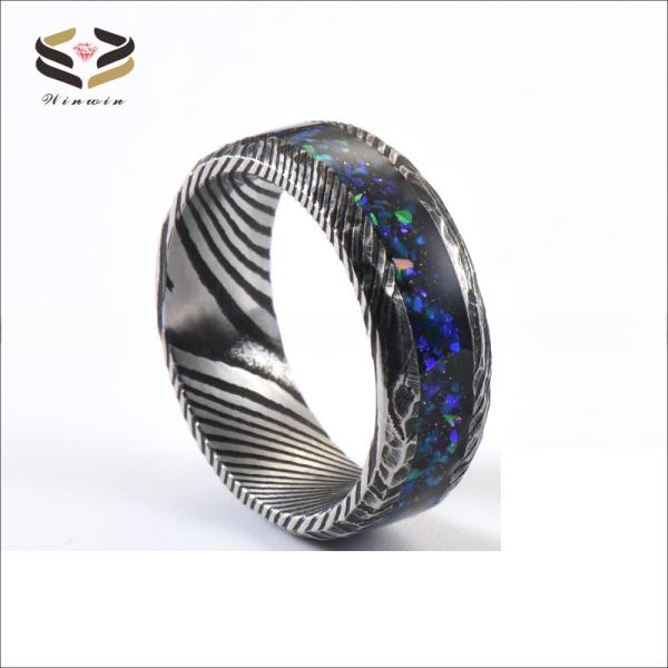 Anillo de boda de acero de Damasco de 8 mm, galaxia ópalo con incrustaciones para hombres