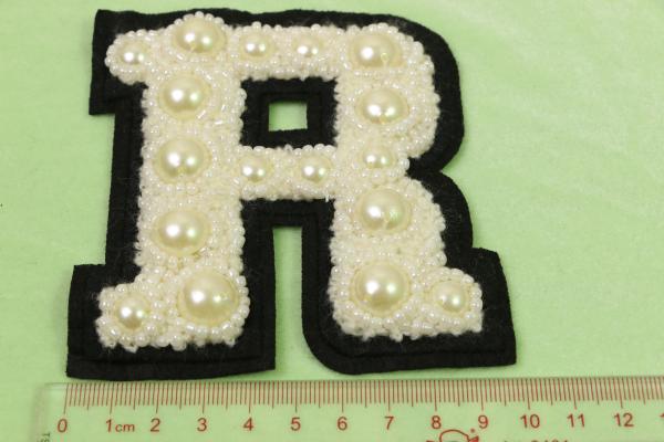 3D Black Fiber With Bugles 3D Embroidery Patches And DIY Pearl R Font  Pattern