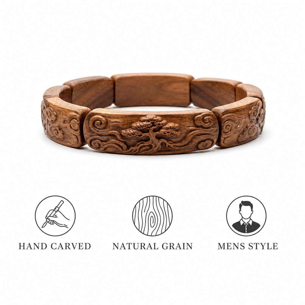 Natural Cypress Wood Taoist Bracelet with Hand-Carved Beads and Matte Smooth Finish for Meditation