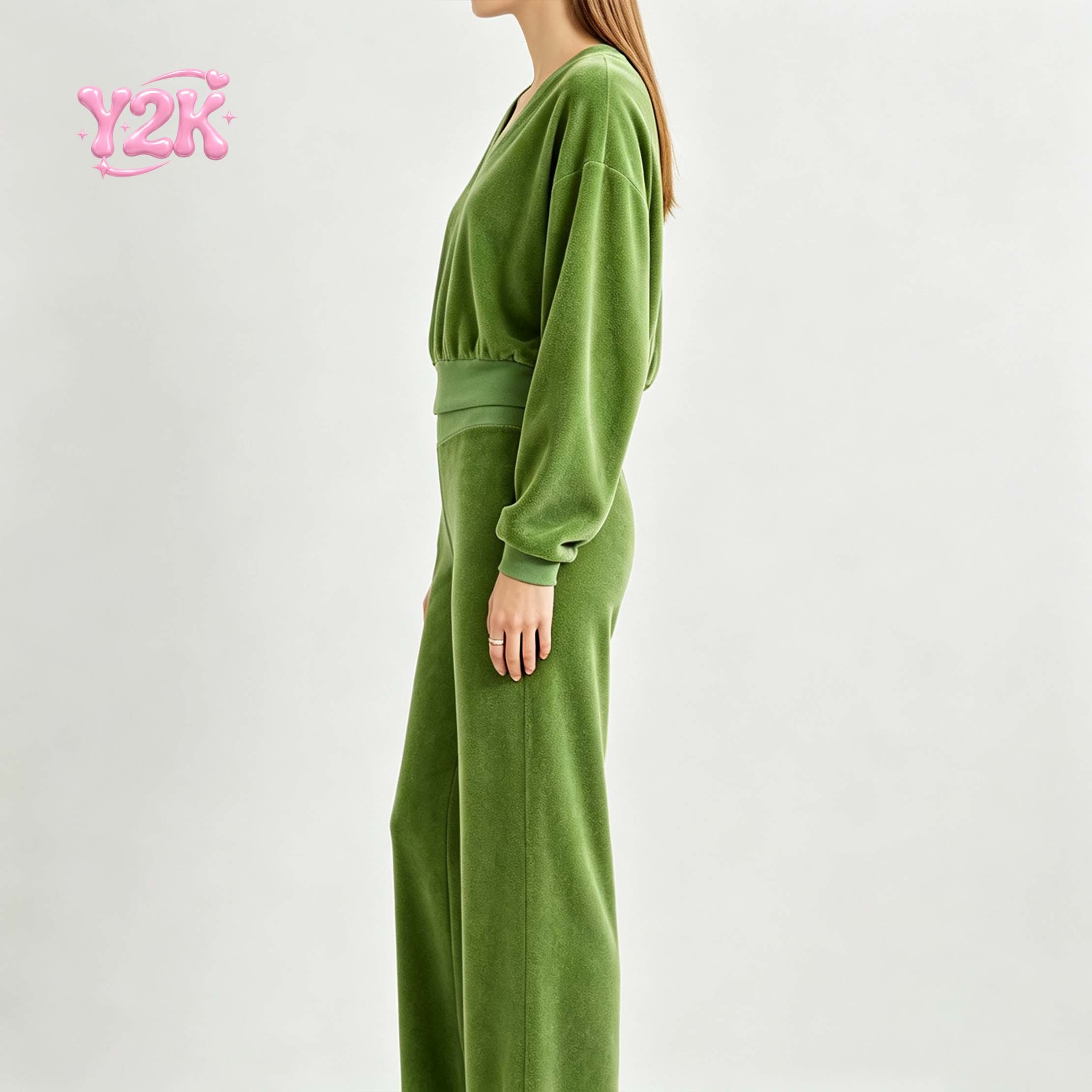 Custom Women's Terry V Neck Top Wide Leg Pants Lounge Set