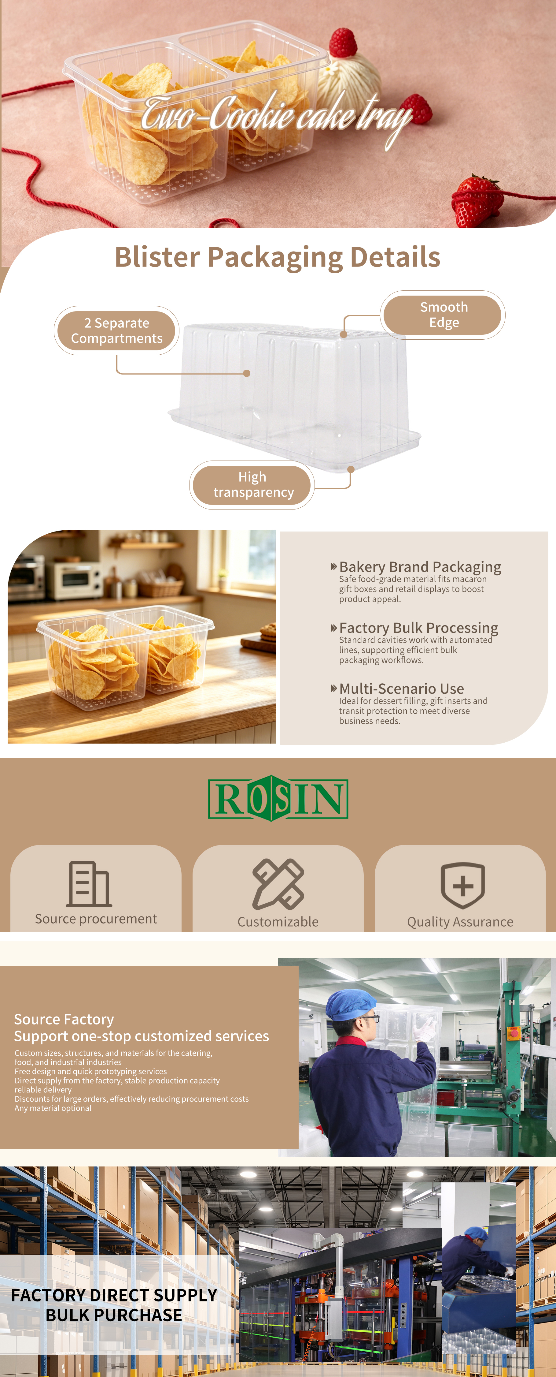 2 Cavity Square Transparent PET with Lid Dessert Box Disposable Brownie Cookies Plastic Container