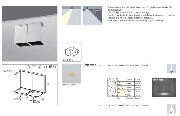 2*7Watt White Tiltable 4000k led surface mounted ceiling downlights for bedroom