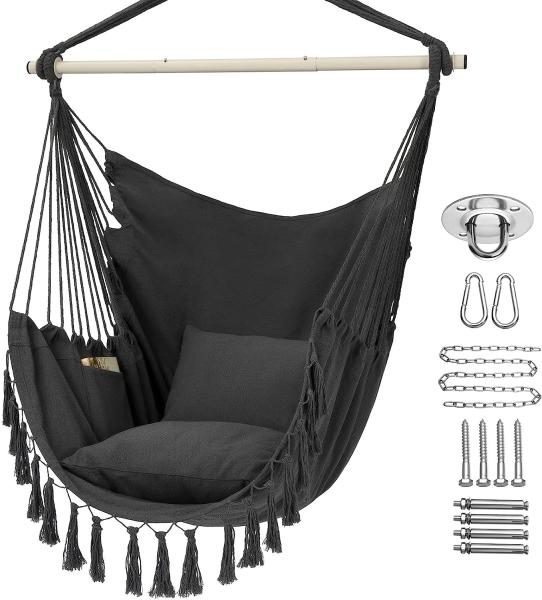 Hammock Chair Hanging Rope Swing - Max 500 Lbs - 2 Cushions Included - Steel Spreader Bar with Anti-Slip Rings