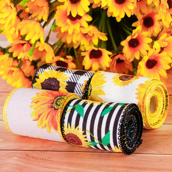 High Tenacity Summer Wired Burlap Ribbon Yellow Sunflower Ribbons for MSD 2.5 Inches
