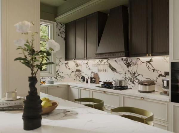 Fadior French Duotone Elegance: White & Black Stainless Steel Kitchen with Softwood Accents