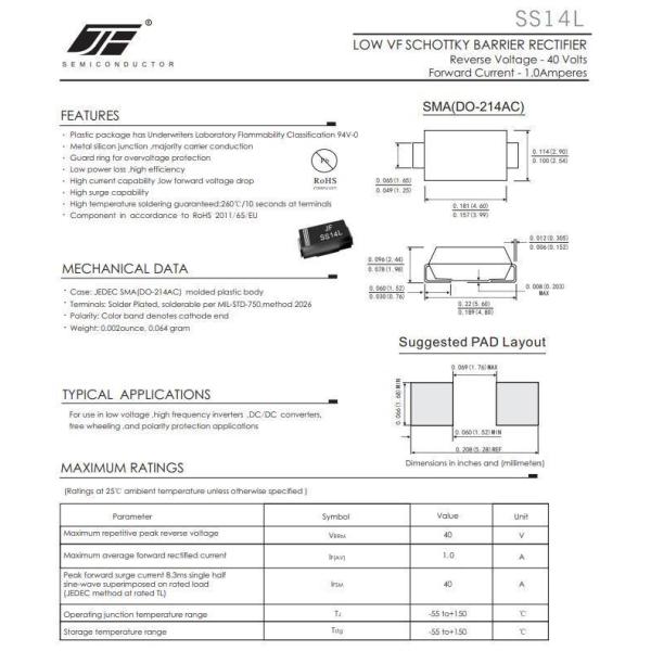 SS14L/SS16L/SS110L/SS115L/SS120L Low Vf Schottky Barrier Rectifier Diode in SMA Package