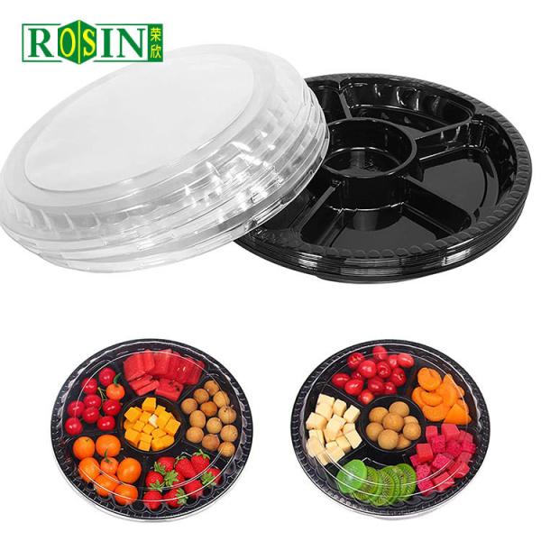 Round Disposable Fruit Packaging Box 6 Cavity Black Based With Anti Fog Clear Lid