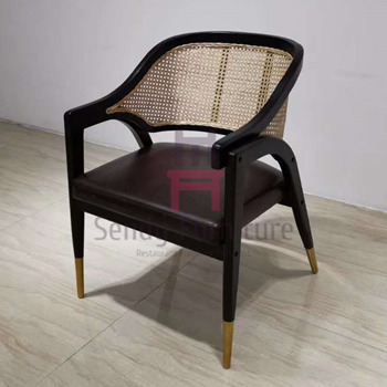 Black Ash Wood Frame Rattan Dining Chairs Leather Cushion Armrest Dining Chair