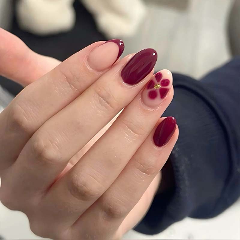 Burgundy Red Pattern False Nails Medium Oval Autumn Fake Nails