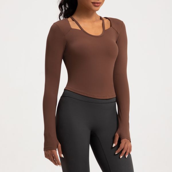 Brown Cutout Long Sleeve Yoga Top Buttery Soft Compression Fabric Thumbholes Design for Workout Running and Daily Wear