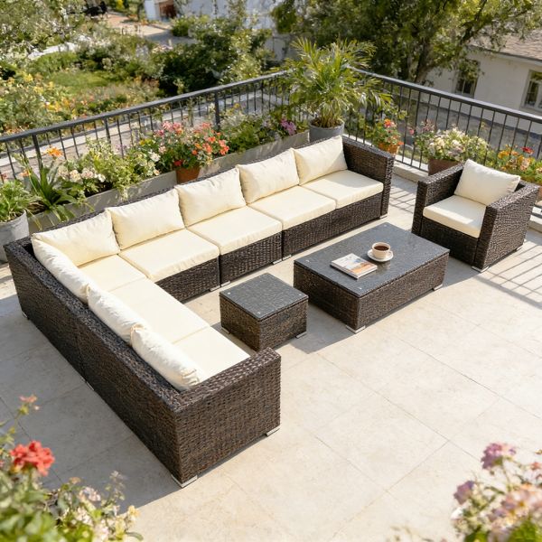 8 Pieces Set All-Weather PE Rattan Sectional Sofa Set Outdoor L-Shaped Wicker Conversation Set with Coffee Table