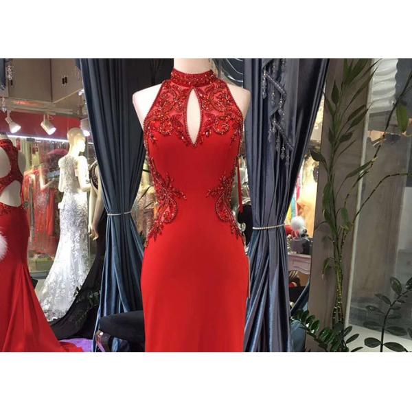 Luxury Red Mermaid Style Prom Dress Beading Hanging Neck Back Hollow Fishtail