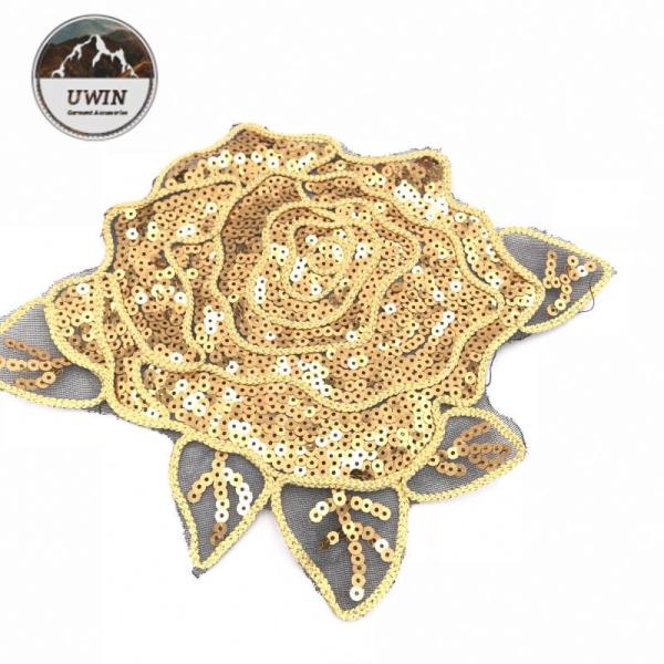 Gorgoes Golden Floral Sew On Patches , Shiny Rose Embroidery Patch For Garment