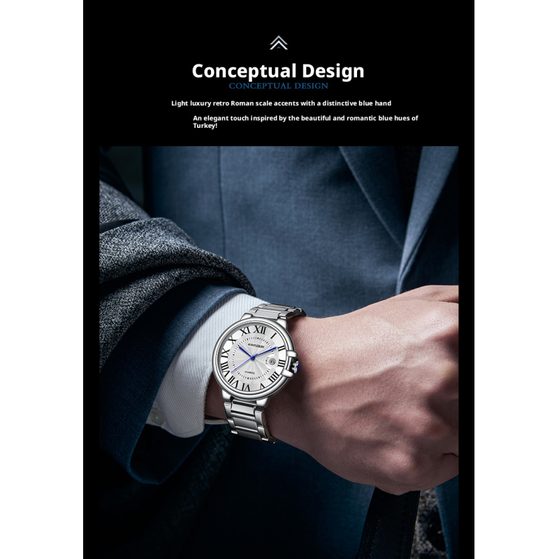 Men Roman Numeral Dial Business Quartz Watch Stainless Steel Bracelet Luminous Waterproof Calendar Dress Wristwatch Silver Gold Multi Color Options