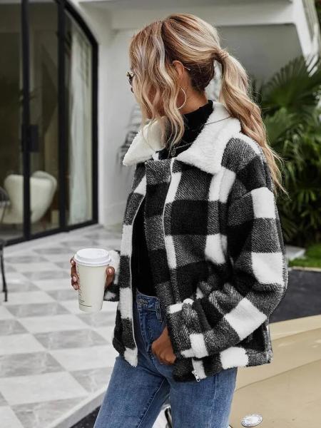                  Fashion Fleece Zipper Womens Coats Plaid Flannel Jacket Luxury Coat Casual Winter Stylish             