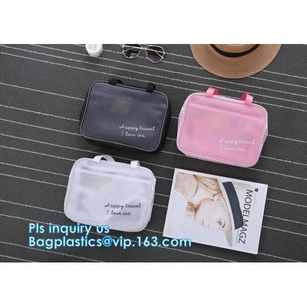 Embroidery Logo black nylon mesh cosmetic bag with zipper, mesh net zipper cosmetic makeup bag with custom logo, Women M