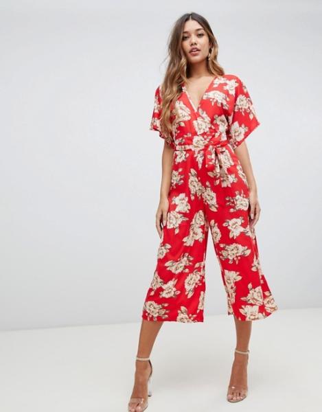 custom make V neck tie waist floral jumpsuit for girls