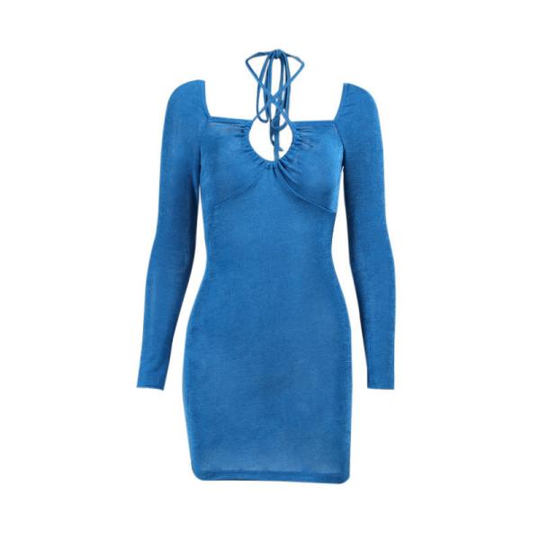 Sexy Long Sleeve Knit Bodycon Dress Chest Drawstring Halter Neck