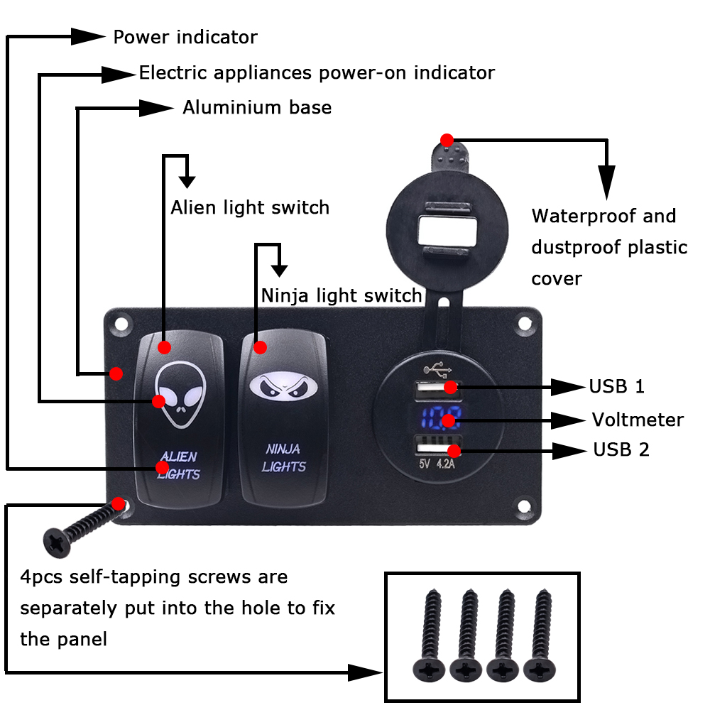 панель перекидного переключателя 12V 5pin мини с заряжателем USB