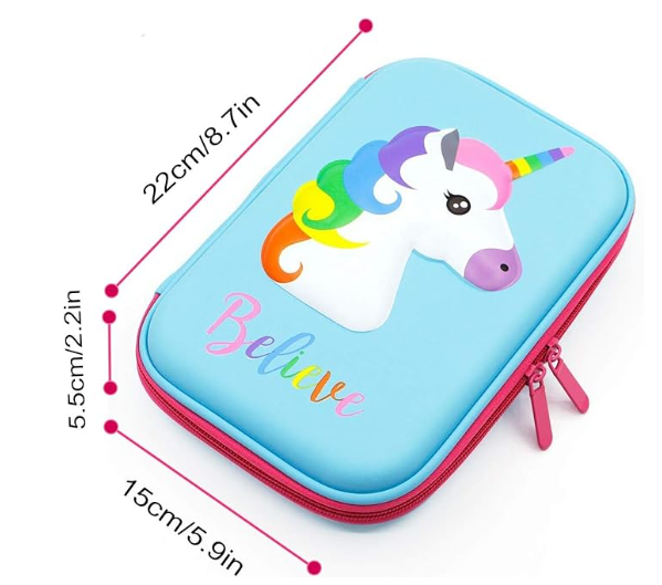3D Cute EVA Unicorn Pen Pouch Stationery Box Anti-Shock Large Capacity Multi-Compartment for School with 4 unicorn pens ;EVA shell cushions supplies