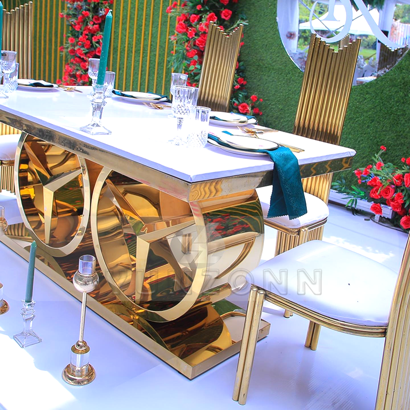 Modern Style Stainless Steel Frame Wedding Dining Table New Outdoor Hotel Furniture With Glass and MDF for Parties and Events