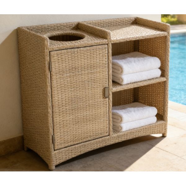 All in One Handwoven Rattan Towel Storage Solution with Towel Bin for Hotel Pool Resort