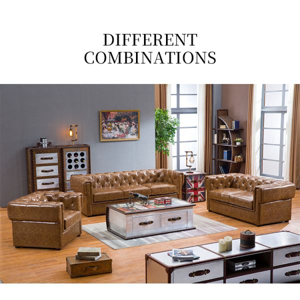 Nidea #8976 Custom American Style Three-Seat Genuine Leather Sofa Set for Villa and Hotel Living Rooms Comfortable Filled Sponge