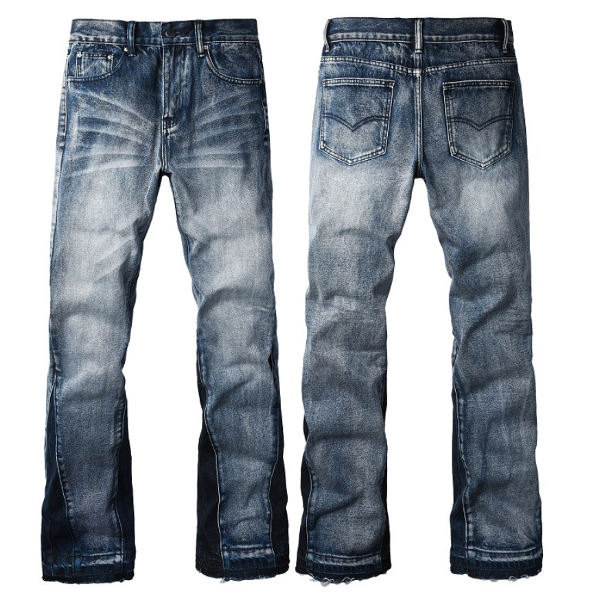 Flare Patchwork Denim Jeans Mid Rise Streetwear Denim Pants With Whisker Detailing