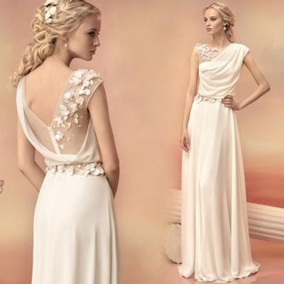 Beige Chiffon Flower Back Decoration Floor Length Flower Evening Dress TSJY137