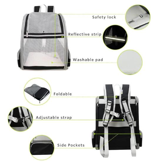 Pet backpack with blinds, suitable for small cats and dogs. It features a ventilation design, a safety strap, a snap support, foldable feature, and is specifically designed for travel, hiking,