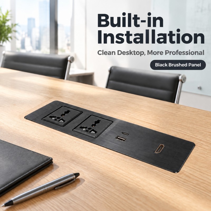 Flush Mount Recessed Power Strip with HDMI HD Connection and 65W USB A+C for Conference Rooms