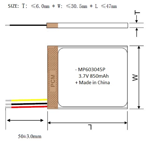 батарея иона 3.7V 603045 850mAh Li перезаряжаемые для медицинской службы