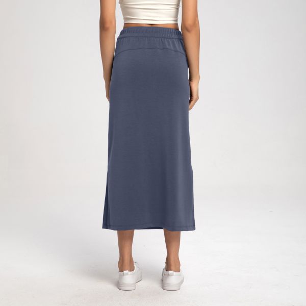 Women's Cotton Blend Midi Skirt Elastic Waist Side Slit Chocolate Brown with Pockets