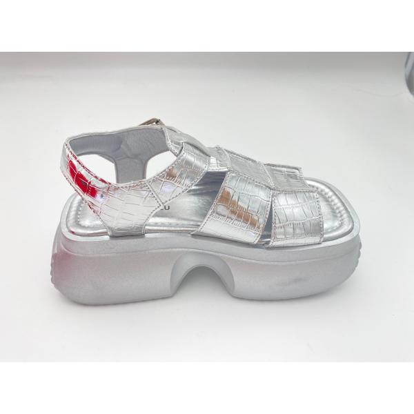 Women summer silver thick soled sandals with metal button genuine leather comfort