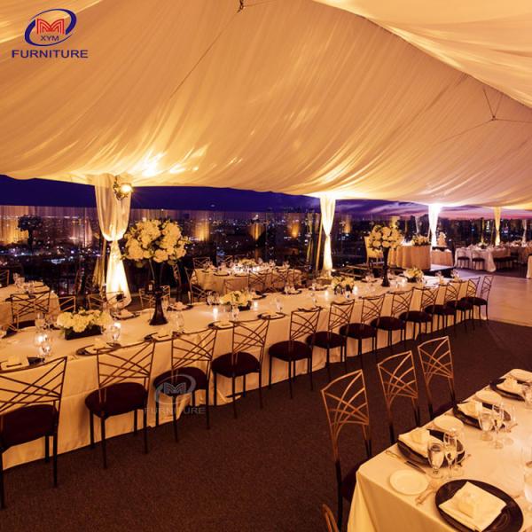 ISO9001 Hotel Dining Gold Chiavari Chairs With White Cushion