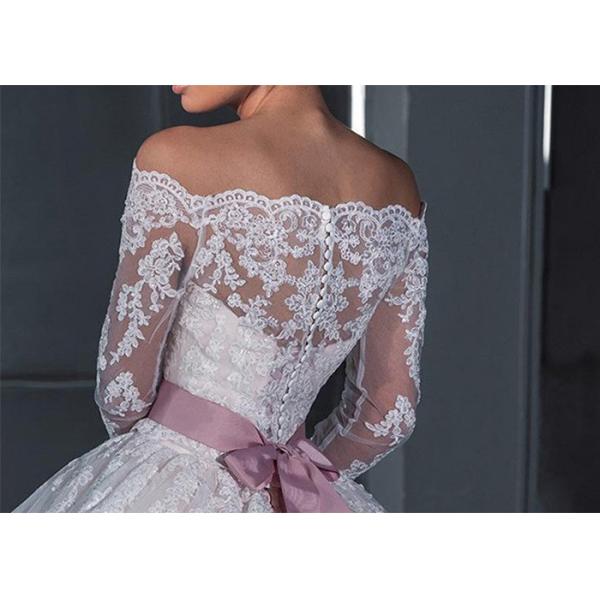 Off The Shoulder Ball Gown Wedding Dress Beaded Belt Long Sleeve Lace Tail