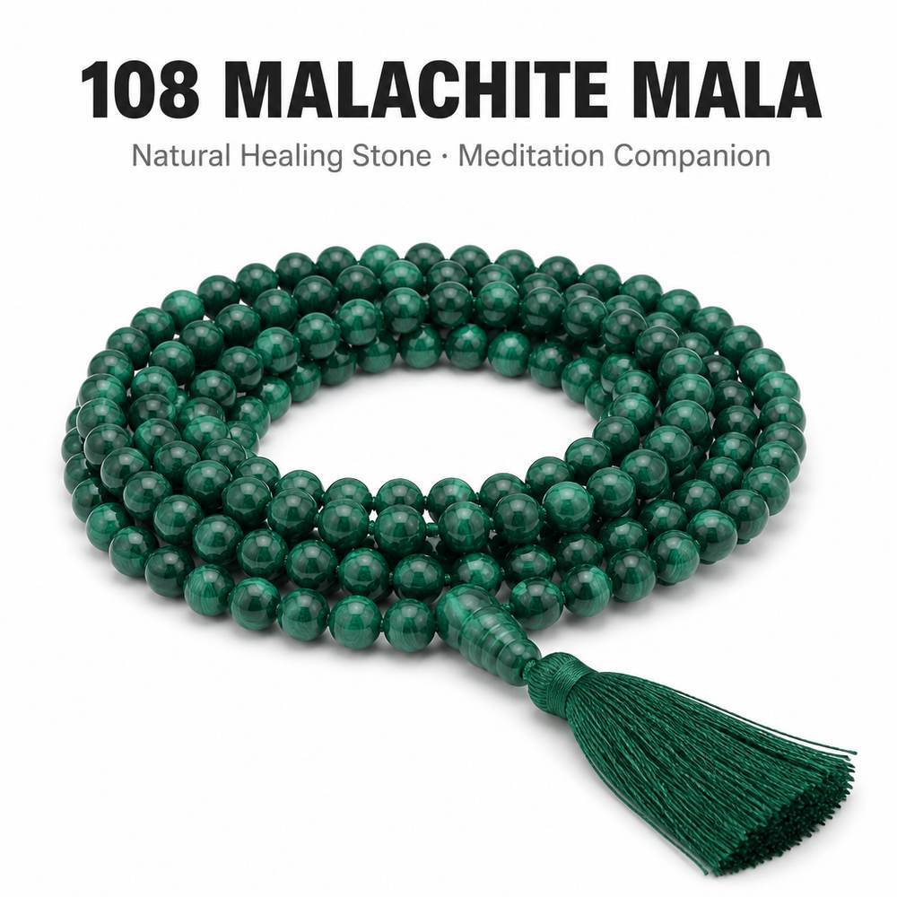 108 Beads Mala Bracelet Malachite - Natural Stone Prayer Beads Meditation Necklace, Handmade Buddhist Taoist Rosary with Tassel, Energy Healing Gift