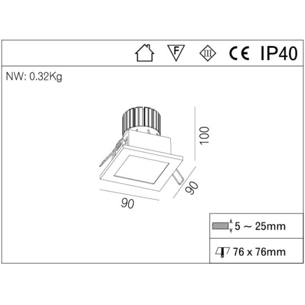 IP40 10W 4 Inch Square Diammable COB LED Ceiling Downlight Cut Out 76*76mm