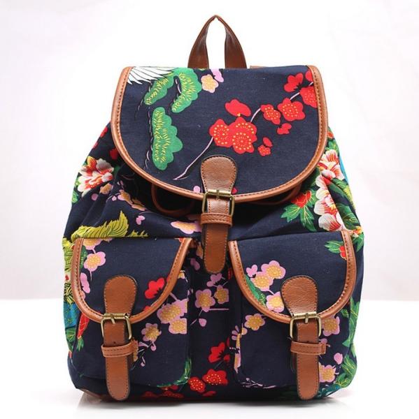 2016 new spring and summer fashion casual women canvas printing two pocket backpack