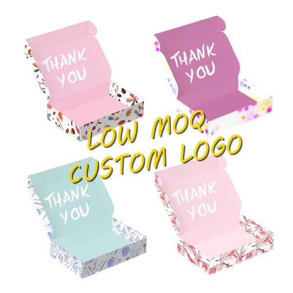 Logotipo personalizado reciclable Flor púrpura Impreso de cartón grande cartón corrugado de envío de correo caja para ropa vestido