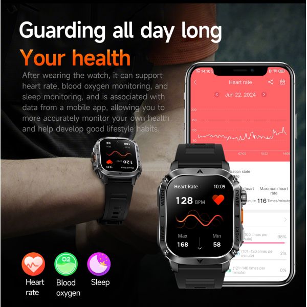 AK80 Smart Watch 2.01inch IPS Big Screen BT Call Flashlight for Sport Outdoors Health Men IP68 Waterproof Dafit Smartwatch