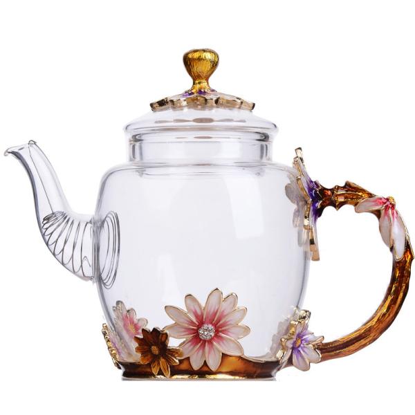 Flower Pattern Floral Microwavable Teapot , Vintage Glass Teapot With Gold Leaves