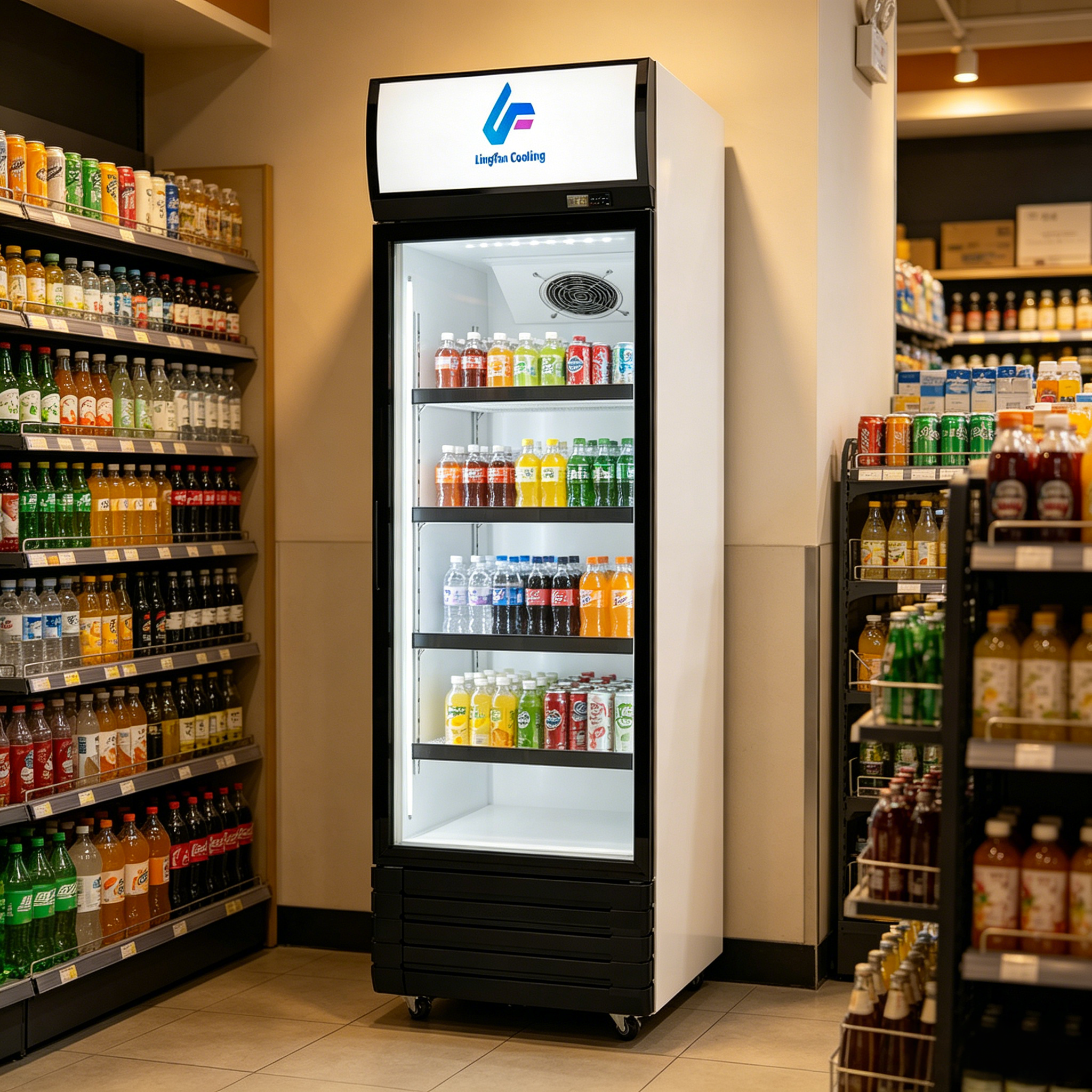 330L Vertical Display Refrigerator with Static Cooling System and Swing Glass Door