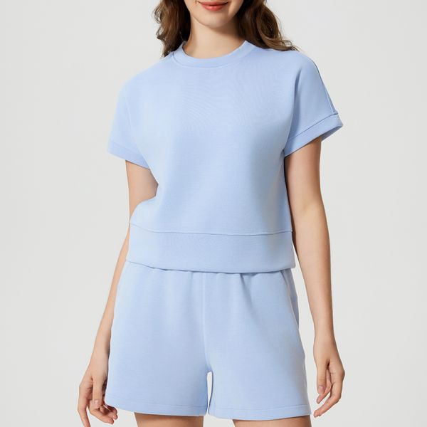 Lilac Yoga Activewear Short Sleeve Fleece Sweatshirt Shorts Set for Casual Wear