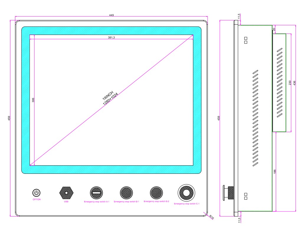 ПК пульта управления 35W 300cd/m2 7x24 промышленный с аварийной кнопкой