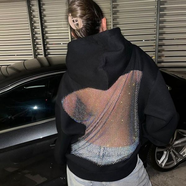 Customize Solid Rhinestone Bling Hollow Out Hoodie Backless Design Eye-Catching Must-Have Polyester/Cotton Oversized Breathable